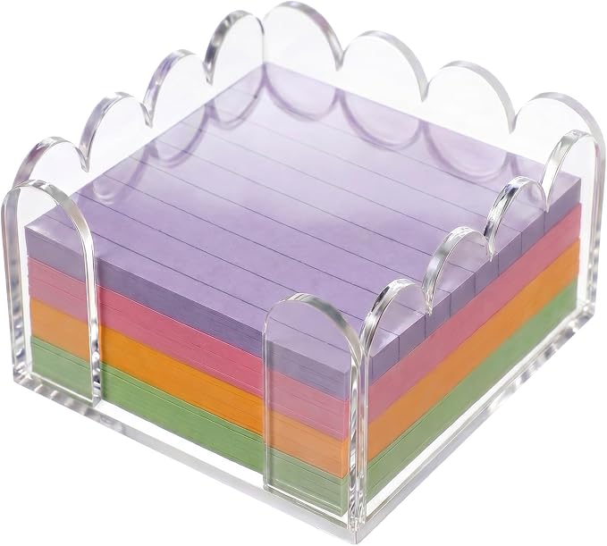 Skrfren Scalloped Acrylic Sticky Note Holder 3x3 Inch Notepad Holder with Wave Design Crystal Clear Sticky Note Holders Dispenser Thick Acrylic Desk Organizer for Office Home Dorm Classroom
