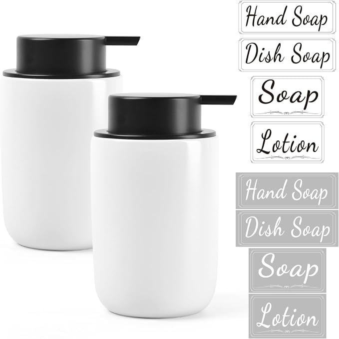 BosilunLife Foaming Soap Dispenser Set - White Ceramic Foam Hand Dispenser 12oz Soap Dispenser Set with Rust Proof Pump, 4Pcs Clear Stickers for Kitchen, Bathroom - 2 Pack