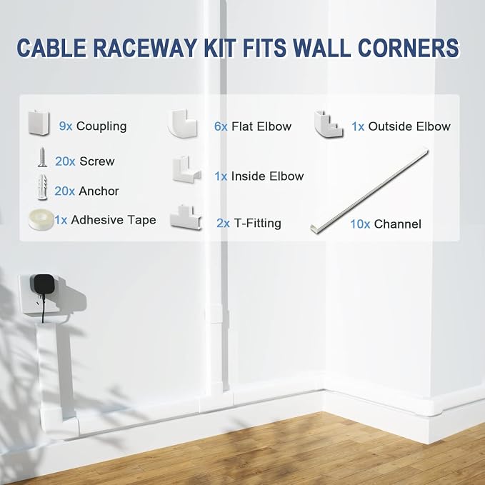157" Paintable Cable Raceway Kit for TV Wall Mount Wire Concealer | 157" paintable cable raceway kit hides TV wall wires, PVC wire concealer with cuttable channels and adhesive or screw install