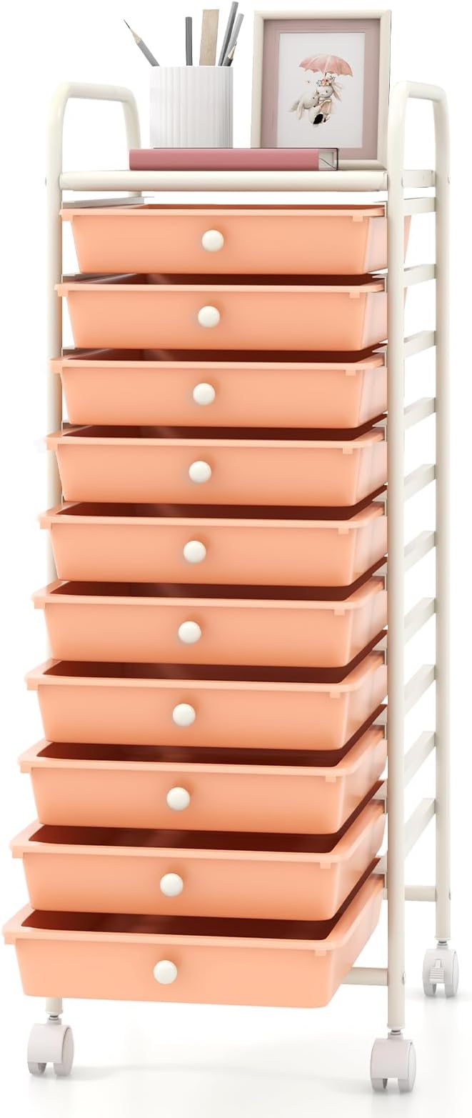 GOFLAME 10-Drawer Rolling Storage Drawer Cart, Utility Cart with Removable Drawers & Metal Frame, Mobile Art Craft Drawer Cart with Lockable Wheels for Home, Office, Studio, School, Peach Fuzz