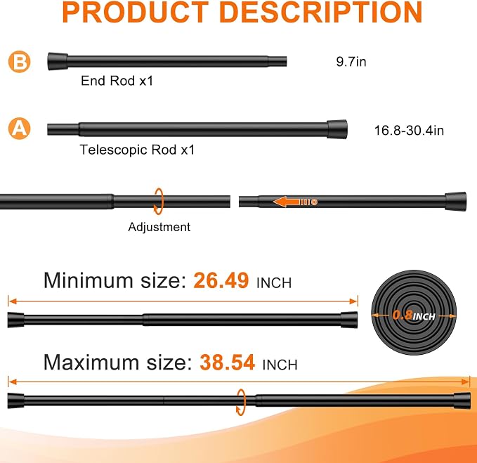 Tension Curtain Rod 28-38 Inch No Drill Expandable Spring Loaded Curtain Rods Adjustable, Small Tension Rod for Window, Kitchen, Closet, Bathroom, Black