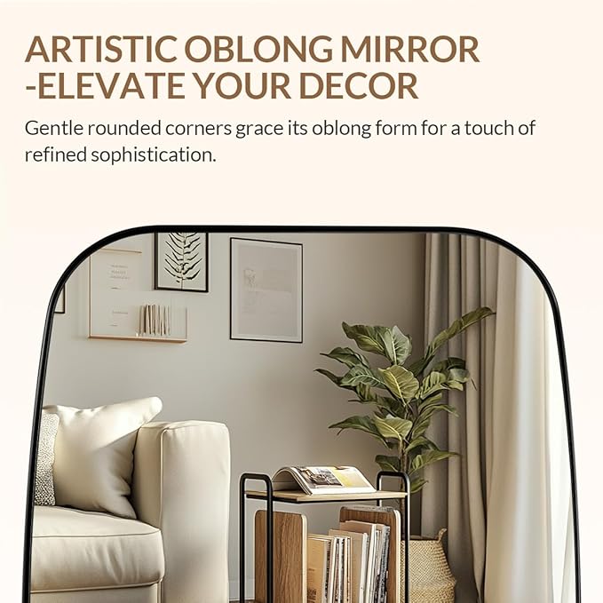 ANDY STAR 18x48 Full Length Wall Mirror, Matte Black Oblong Shaped Body Mirror with Stainless Steel Metal Frame, Rounded Corner Design for Floor and Leaning