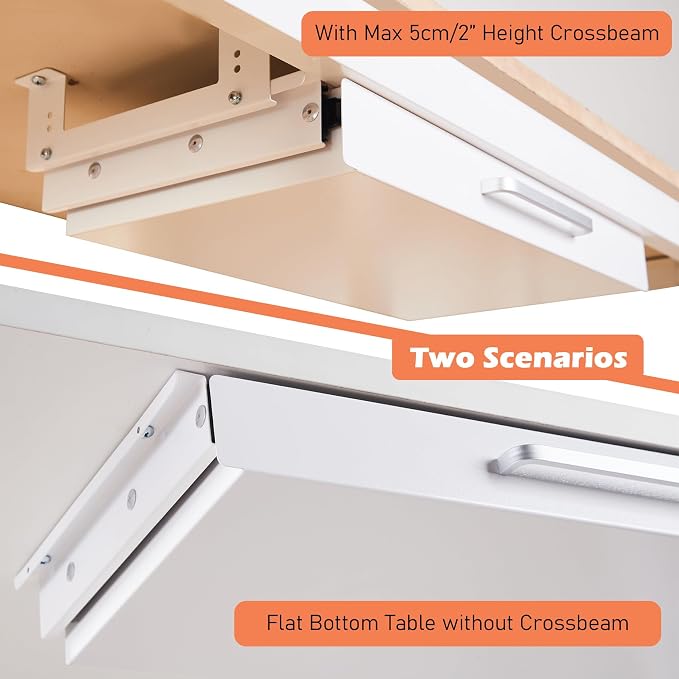 Under Desk Drawer Organizer 21" White Upgrade with Adjustable Brackets, Sliding Pull-Out Under Table Pencil Drawer, Office Standing Desk Attachment for Workbench | White, Under Cabinet Table, Heavy Duty Pull Out Shelf, Attachable for Workbench, Adjusta...