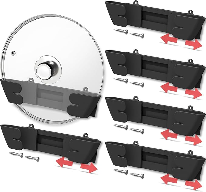 Adjustable Universal Pot Lid Holder Organizer for Cabinet - Upgraded Patented 6 Pack Pan Lids Organizers Inside Door Wall Mount Pots Top Rack for Kitchen Cupboard Fit 6" to 13" (Black)