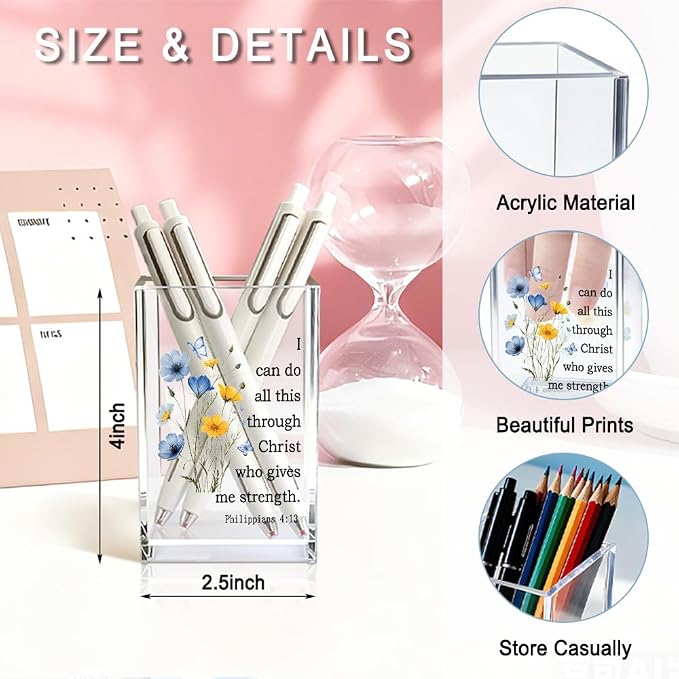 I Can Do All Things Through Christ Acrylic Pencil Pen Holder Cup, Philippians 4:13 Makeup Brush Storage Organizer, Cute Wildflowers Desk Accessories Holder, Daughter Graduation Gifts