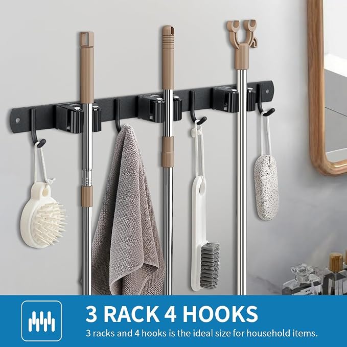 JAMEND CLXP Broom Hanger and Mop Holder, Heavy Duty Garden Tool Organizer Rack Rake and Shovel Handle, Stainless Steel Wall Mounted Utility Rack with Screws (5 Racks with 4 Hooks, Matte Black).