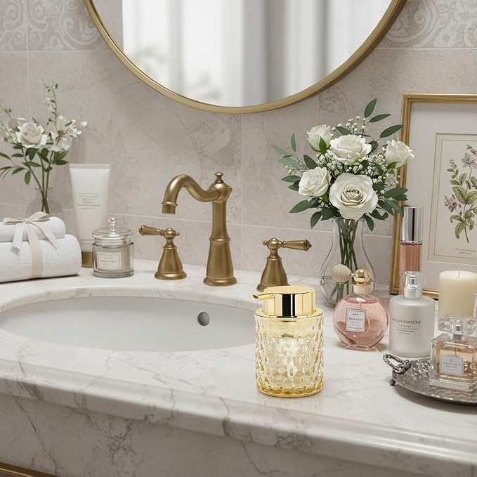 10 Oz Glass Hand Soap Dispenser with Pump, Refillable Bathroom Gold Foaming Soap Dispenser, Vintage Glass Diamond Lotion Container Bottle for Bathroom and Kitchen (1, Amber and Gold)