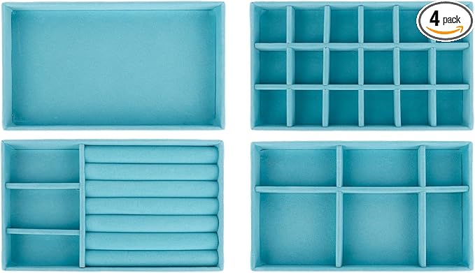 Framendino, 4 Pack Blue Velvet Jewelry Trays Stackable Organizer Drawer Inserts Container Display Case for Bracelets Necklaces