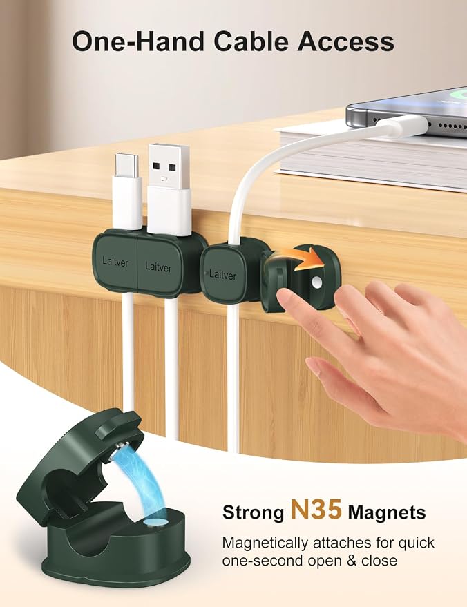 6 Pack Magnetic Cable Clips [1s Open/Lock], Cord Organizer Holder | Strong Adhesive Desk Cable Management- Organize Charging Cords Neatly for Home, Office, Car,Desk, Nightstand-Dark Green