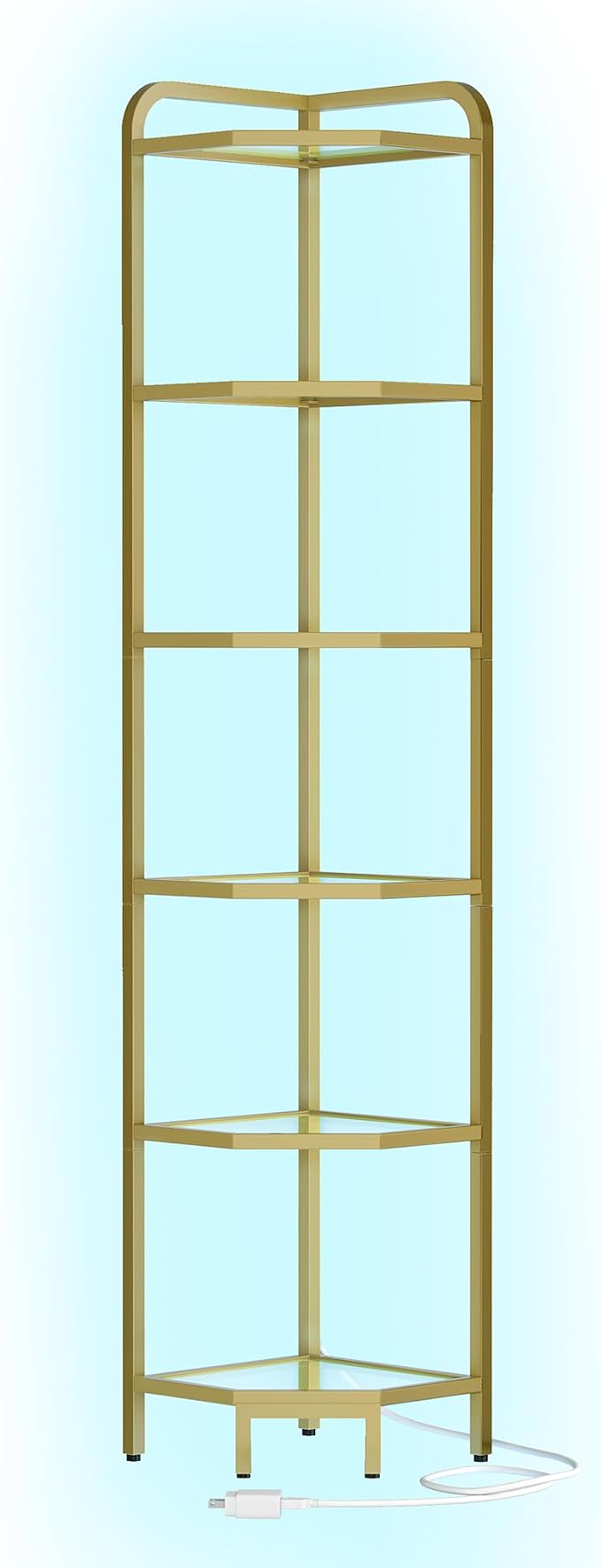 Hzuaneri Corner Shelf with LED Lighting, 6-Tier Glass Bookshelf | Steel Frame, Tempered Glass, Modern Style Corner Shelf, Suitable for Living Rooms, Bedrooms and Games Rooms
