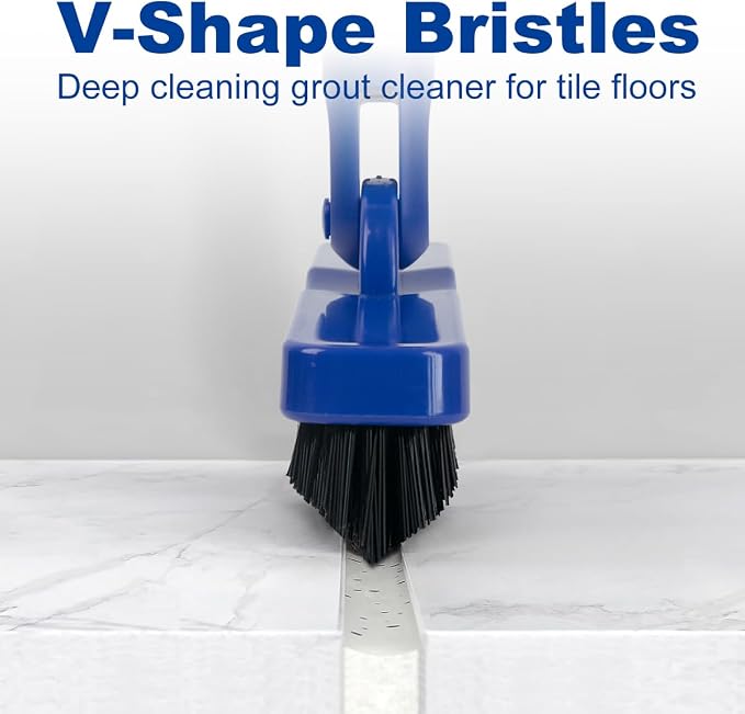 CELOX Grout Brush with Long Handle V-Shape Grout Line Scrubber with Stiff Bristle for Deep Cleaning Tile Grout, Blue
