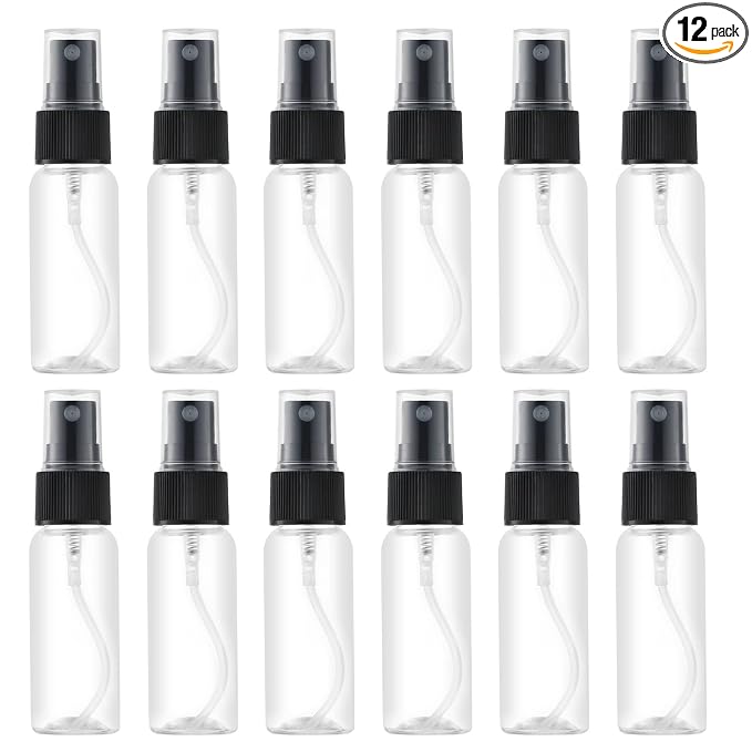 LISAPACK 1oz Small Plastic Spray Bottle (12 Pack) Empty Mini Fine Mist Travel Size Atomizer, Tiny Sprayer for Little Perfume, Water, Cologne, Alcohol, Samples (Clear, 30ml)