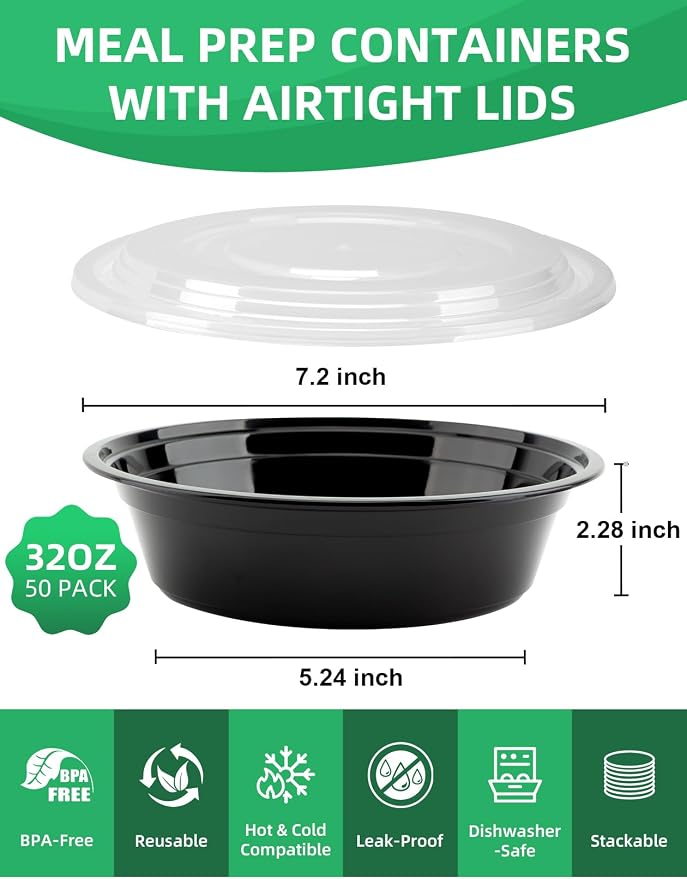 UMT Plastar 32 oz Round Meal Prep Bowls with Lids, 50 Pack BPA-Free Containers