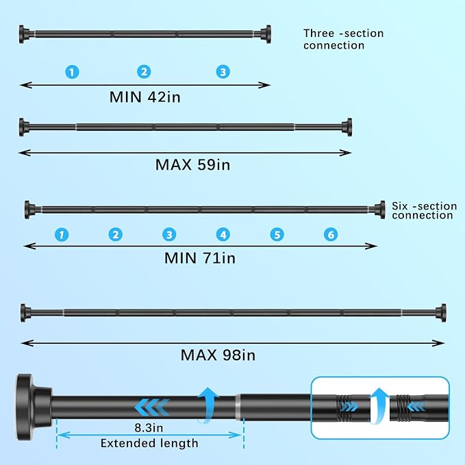 Black Spring Tension Curtain Rods Shower Curtain Rod for Bathroom, Shower Rod 42-98 Inch Adjustable,Spring Tension Curtain Rods, Rust-Resistance, Non-Fall Down, No Drilling