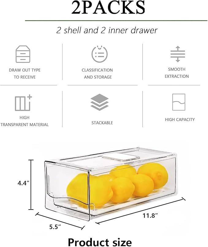 2 Pack Fruit Storage Containers for Fridge, Stackable Refrigerator Organizers with Strainer Layer，Reusable Storage Containers Clear Fridge Drawer for Produce,Vegetable in Kitchen,Fridge,BPA-Free