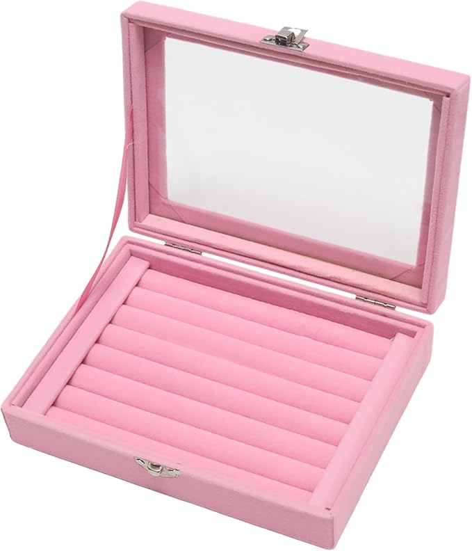 Small Velvet Jewelry Tray with Clear Lid, Lockable Ring Earring Holder Organizer Storage Box Case Jewelry Box Organizer for Rings Earrings Bracelets Brooches, 8 Rolls Pink