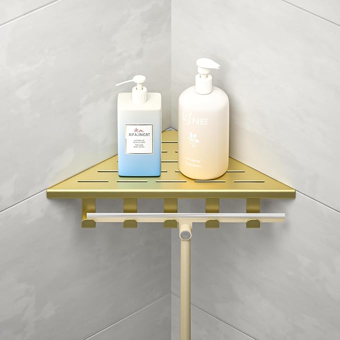 10‘’ Corner Shower Shelf | 304 Stainless Steel Shelves for Bathroom, Grout in Shelf with Hooks for Tiled Wall (Gold)