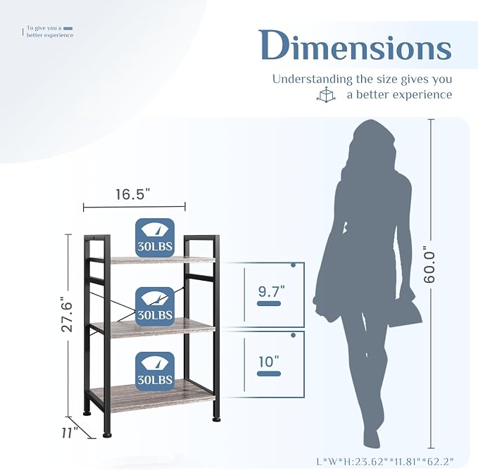DUMOS 3 Tier Bookshelf, Home Office Bookcase Shelf Storage Organizer | Free Standing Open Display Storage Shelving Unit for Bedroom, Living Room Gray