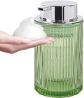 Foaming Soap Dispenser, Bathroom Green Glass Foam Soap Dispenser, Refillable 12 Oz Foam Pump Bottle Container with Silver Pump, Decorative Slim Ribbed Dish Soap Dispenser for Kitchen