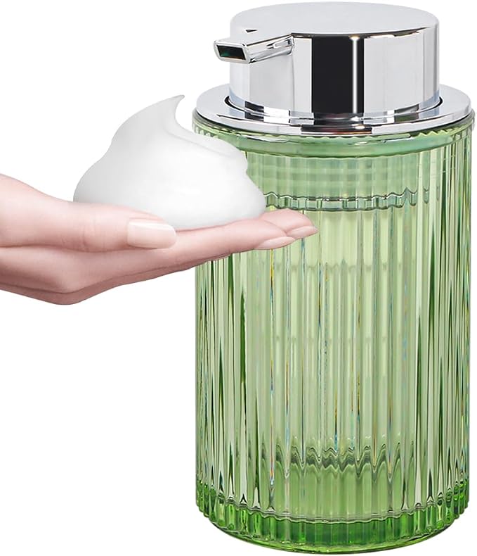 Foaming Soap Dispenser, Bathroom Green Glass Foam Soap Dispenser, Refillable 12 Oz Foam Pump Bottle Container with Silver Pump, Decorative Slim Ribbed Dish Soap Dispenser for Kitchen
