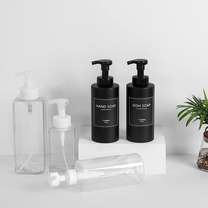 Foaming Soap Dispenser, 17 OZ Refillable Pump Bottle, 2 Pack, Black | Pump Bottle for Liquid Soap, Shampoo & Body Wash – PETG Material, Reusable, Refillable, Bathroom & Kitchen Ready