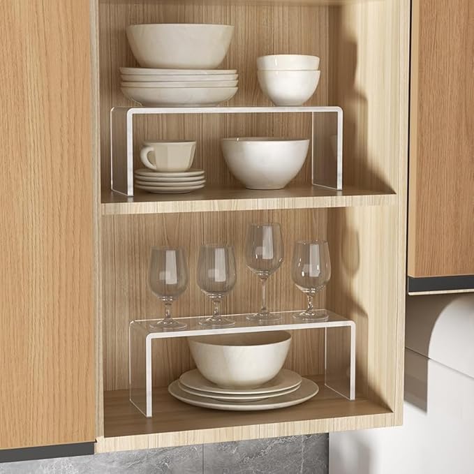 Aminigram 4 Packs Cabinet Organizer Shelf, Acrylic Kitchen Counter Shelves Organizer, Spice Rack for Dishes, Spices, Soda Cans and Bottles（12.4 x 4 x 4.6 inch）