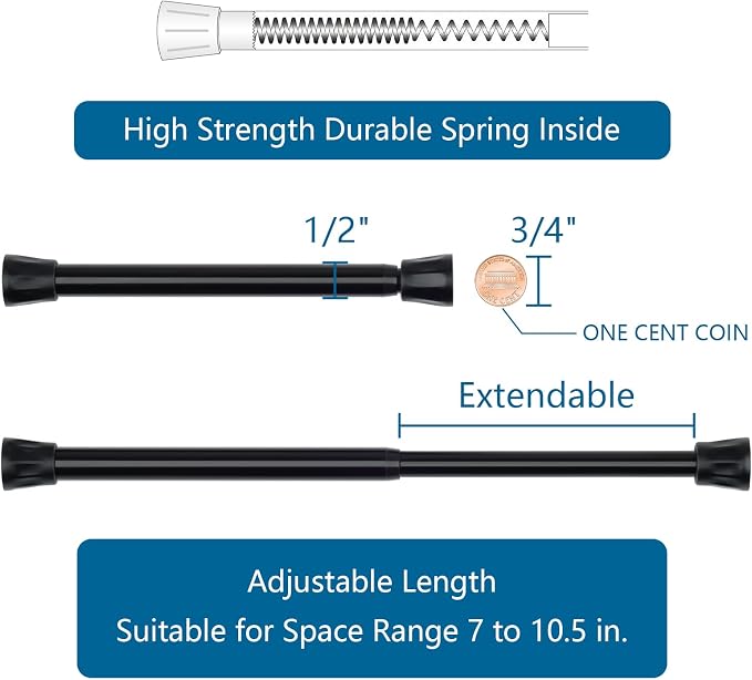 TYRON Small Tension Curtain Rod Adjustable 7 to 10.5 Inch, Short Mini Window Spring Curtain Rod, Suitable for kitchen, Front Door, Shelf Dividers (Black, 4 Pack)
