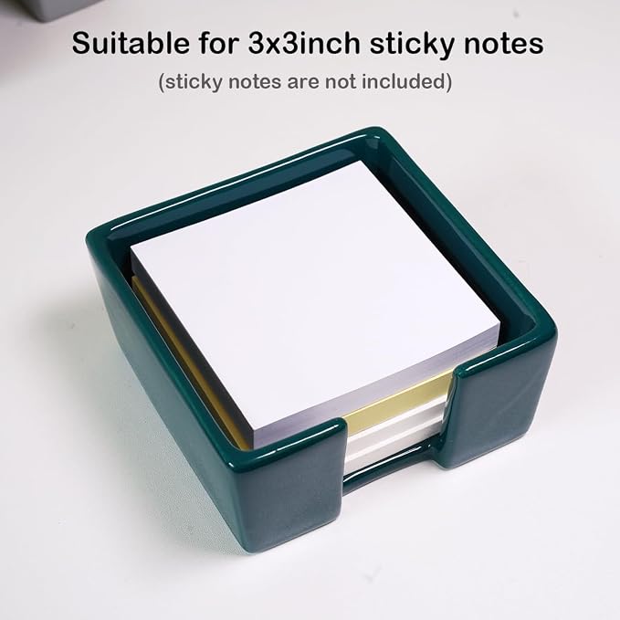 Ceramic Sticky Note Holder, 3 x 3" Sticky Note Dispenser, Notepad Holder for Desk, Office Essentials Organizer (Green)
