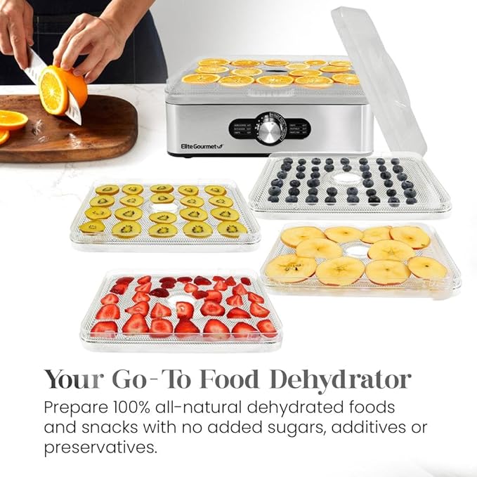 Elite Gourmet EFD3321 Food Dehydrator, Stainless Steel Trays Adjustable Temperature Controls, Jerky, Herbs, Fruit, Veggies, Dried Snacks, Stainless Steel