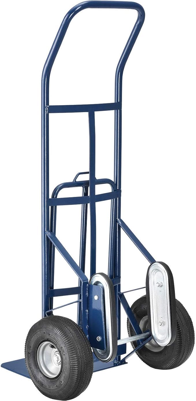 Global Industrial General Purpose Steel Hand Truck with Curved Handle & Stair Climbers, 10" Diameter Pneumatic Wheels, 14" W x 10" L Noseplate, 600 Lb. Capacity