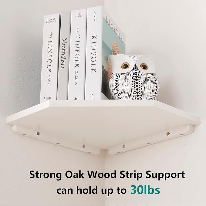 Corner Floating Shelves, White Corner Wall Shelf Set of 2, Solid Oak Wood Floating Shelves Wall Mount Shelf with Wire Hole Small Plant Display for Kitchen Living Room Bedroom