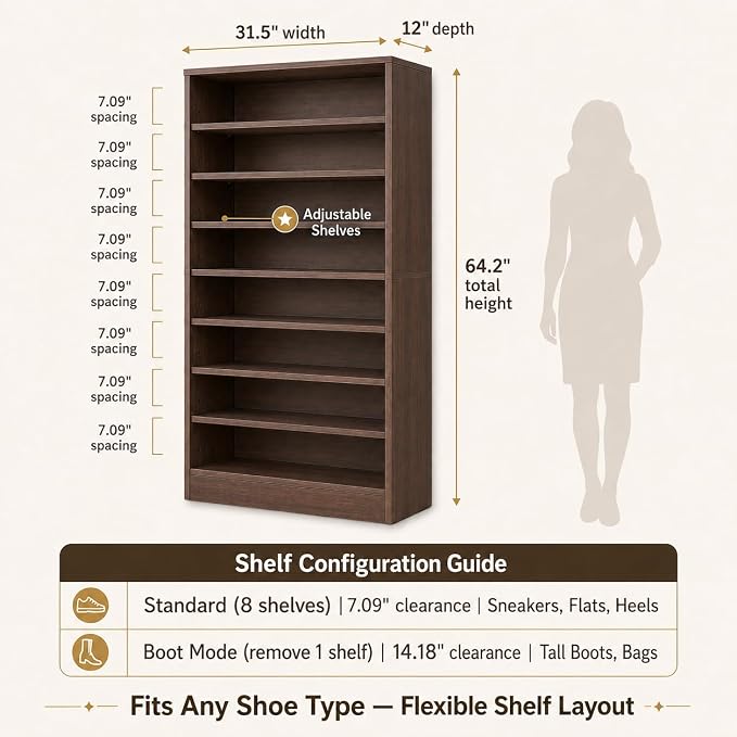 Homieasy 9-Tier Tall Shoe Rack Cabinet for Closet & Entryway, Walnut | Wooden Narrow Shoe Organizer Cabinet with Adjustable Shelves, Freestanding, for Bedroom, Hallway