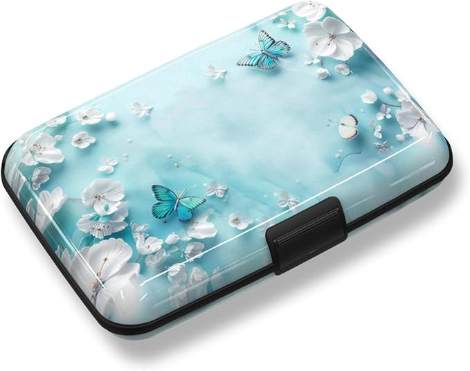 Credit Card Holder, Mini RFID Small Aluminum Card Wallet Business Card Case | Blocking Slim Metal RFID Blocking Front Pocket Wallet Hard Case Durable CC Holder for Women Girls, Green Teal Butterfly