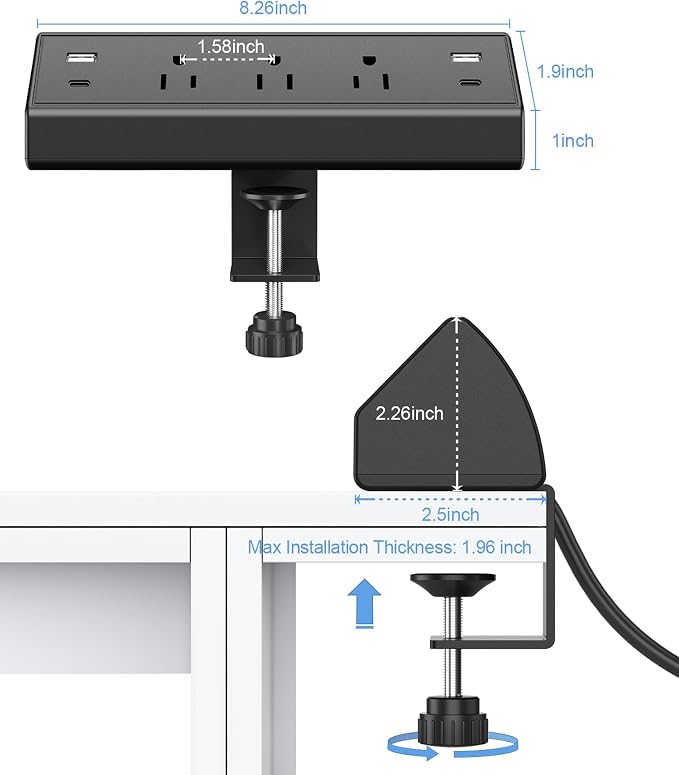 Jgstkcity Desk Clamp Power Strip,40W Total Fast Charging Station,2 PD 20W USB C Ports,Desk Edge Mount Surge Protector for Home, Office,3 Outlets,Fit 1.96" Tabletop Edge,ETL Listed | 2 PD 20W USB C Ports, 3 Outlets, Desk Edge Mount, Fit 1.96" Tabletop E...
