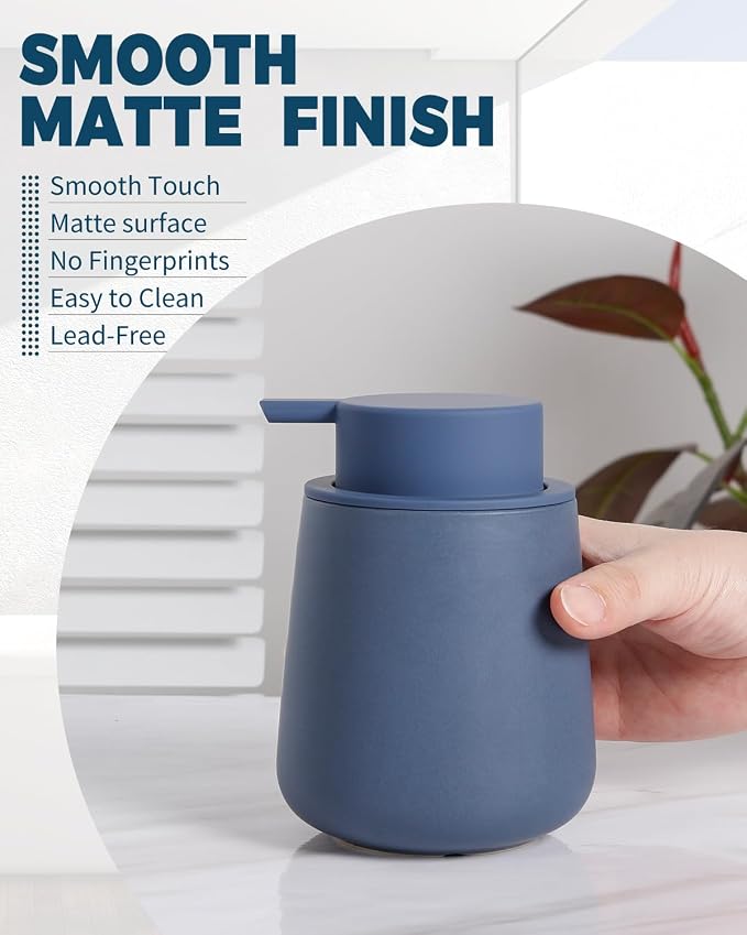 Bosilunlife 12Oz Ceramic Foam Soap Dispenser for Bathroom Kitchen Counter | Premium countertop foam pump creates delicate dense foam, stable desktop placement,Matte Blue