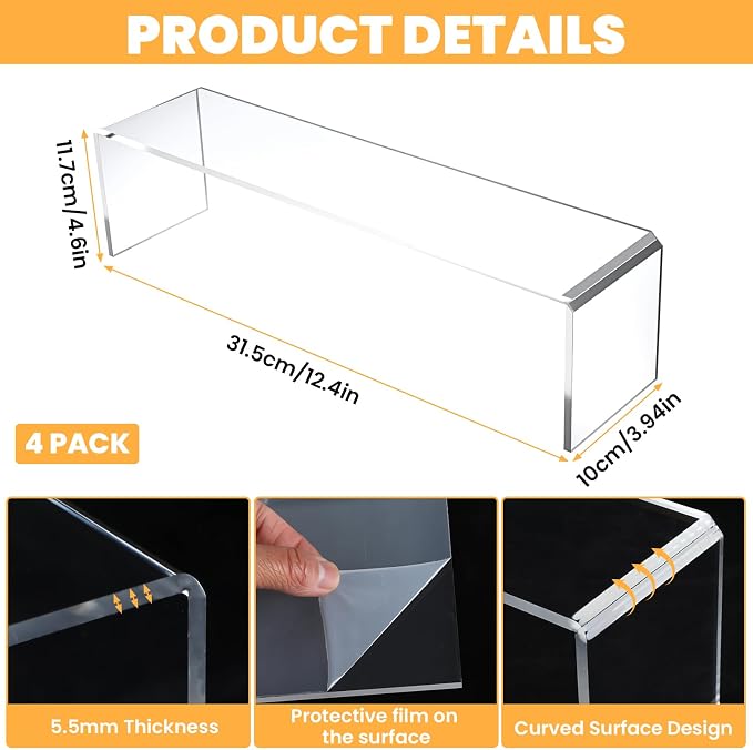4 Pack Acrylic Risers Display Stands, Acrylic Shelf Riser Display Risers, Spice Rack for Dishes, Spices, Soda Cans and Bottles（12.4 x 4 x 4.6 inch）