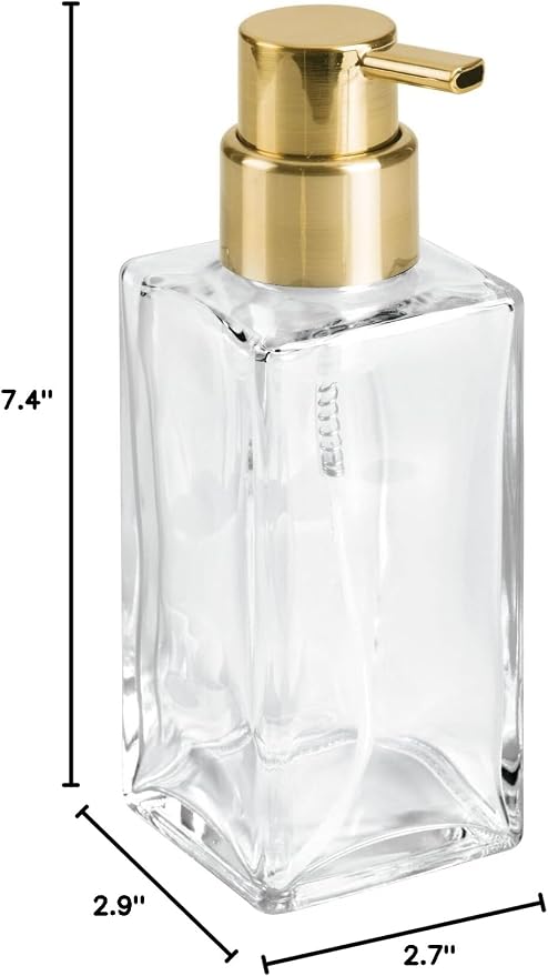 mDesign Glass Refillable Foaming Hand Soap Dispenser Modern Square Pump Bottle for Bathroom Vanities or Kitchen Sink, Countertops - 2 Pack - Clear/Soft Brass