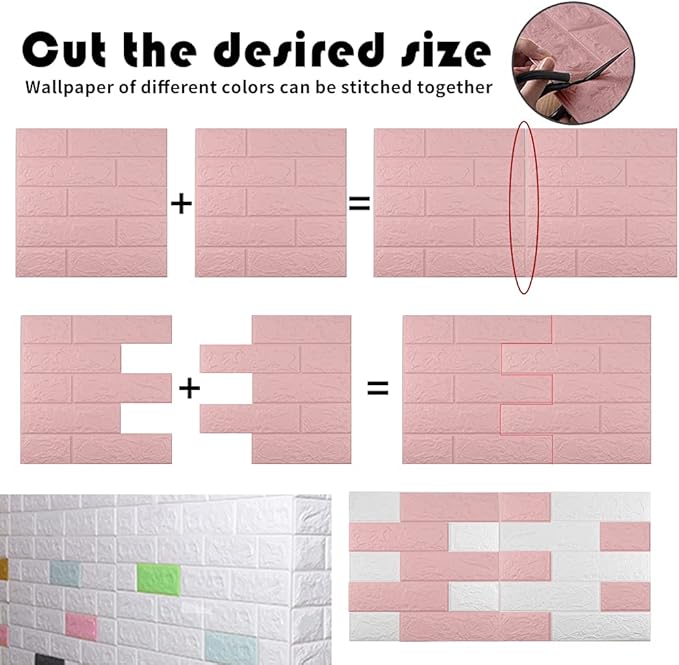10 PCS Pink 3D Wall Panels, 14.5 sq.feet Coverage, Printable Wallpaper Sticker with Self-Adhesive Waterproof Brick PE Foam Wall Panels Peel and Stick for Interior Wall Decor Home Decoration