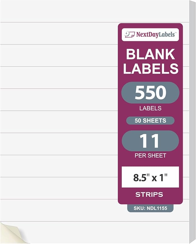 NextDayLabels 8.5x1 Inch Strip Stickers White Blank Labels for Laser Inkjet Printer - 11 Per Sheet Self-Adhesive Unique Size Label Made in USA - 550 Labels
