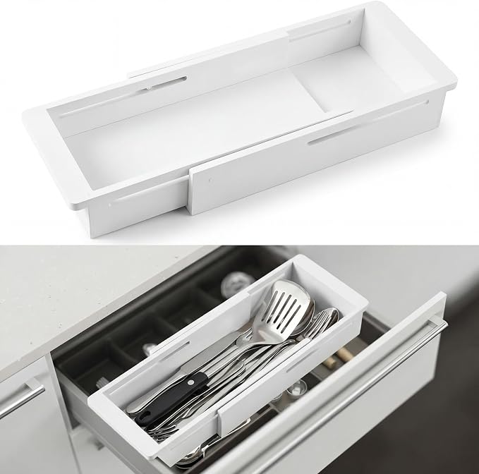 LemonRoad 1 Pcs Sliding Drawer Organizer 12.4-17.7 Inch Bin Bamboo Drawer Expandable Bins Utensil Organizer for Kitchen Spoons Forks Knives (White)