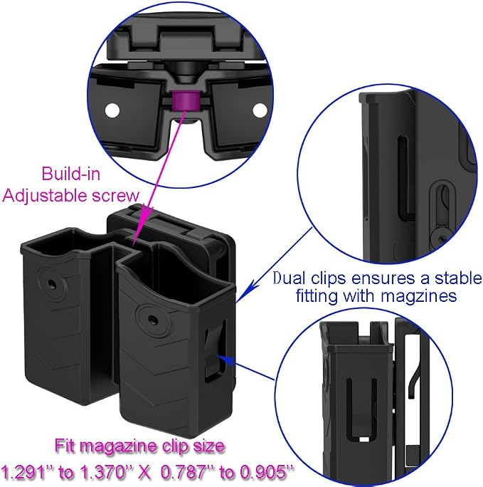 Universal Double Magazine Pouch, 9mm .40 Double Stack Mag Holder | Adjustable Retention Cant,Tactical Polymer Ammunition Holster for Quick Pull Duty Use, 1.5''-2'' Belt Clip