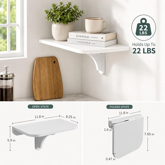 WELLAND 11.8" x 8.25" White Wall Mounted Desk Small Floating Shelves Set of 2 Folding Wall Shelves Drop-Leaf Table Fold Down Desk for RV, Camper, Loft Beds