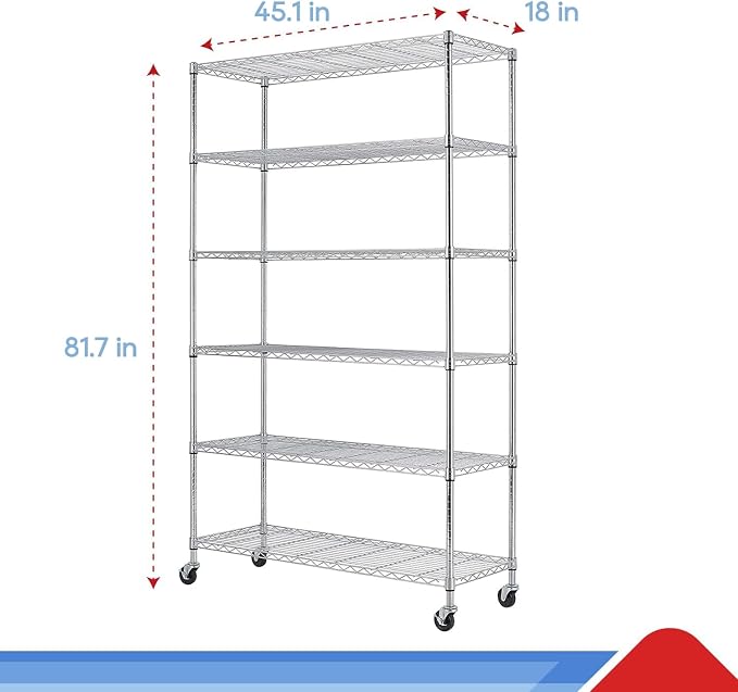 BestOffice Commercial Wire Shelving Unit Metal Shelf Casters Adjustable Layer Rack Strong Steel for Restaurant Garage Pantry Kitchen Garage (45×18×82, Chrome)