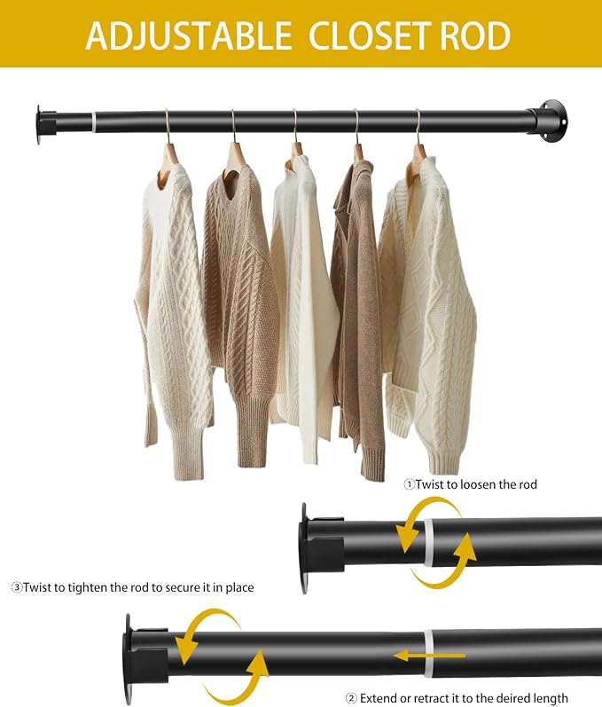 Closet Rod, Adjustable Black Closet Rod Heavy Duty, Tension Rod for Closet Pole for Hanging Clothes, 17-52 inch Metal Closet Bars Wall Mount for Wardrobes Laundry RV