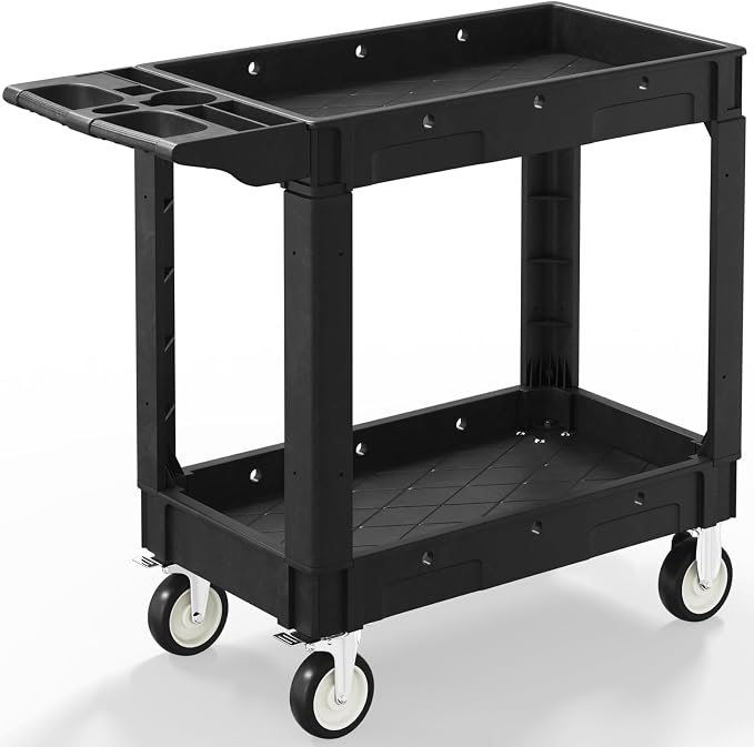 Plastic Utility Cart on Wheels, 40 x 17 Inch Rolling Service Cart-Black | 2 Shelf Work Carts, 500 lbs Capacity Heavy Duty Tool Cart W/Tub Storage & Deep Shelve, for Warehouse, Garage, Cleaning