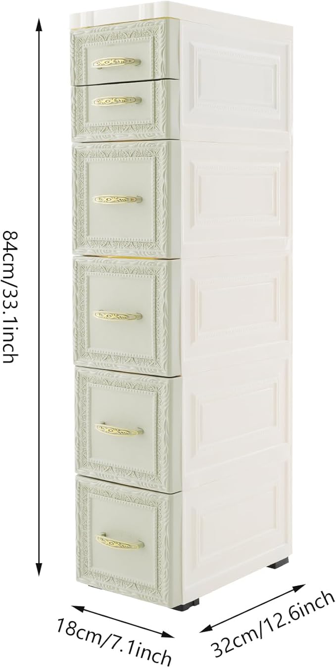 Storage Cabinet, 6 Drawers Narrow Plastic Organizer Cabinet with Wheels, Vertical Drawer Storage Unit, Mobile Slim Utility Furniture for Office, Living Room, Bedroom, Garage (Green)