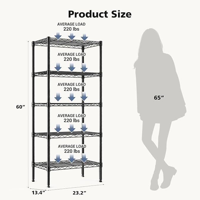 DUMOS 5-Tier Metal Storage Shelves, 23" W Adjustable Standing Storage Rack Shelf, Heavy Duty Steel Shelving Unit Organizers for Kitchen Bathroom Pantry Garage, 23.3" Wx13.4 Dx60 H