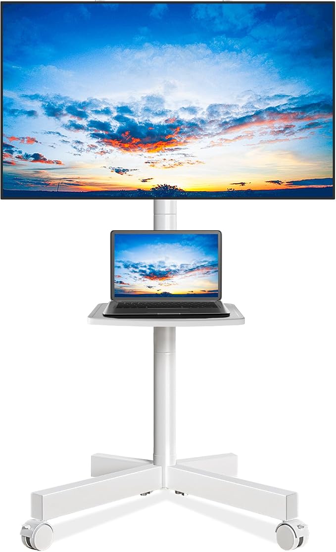 Rfiver Mobile TV Stand for 23-65 Inch LCD LED Flat/Curved Panel Screen TVs up to 88 lbs, Rolling TV Stand with Adjustable Shelf & Tilt, Portable Floor Stand on Wheels for Bedroom, Living Room, White