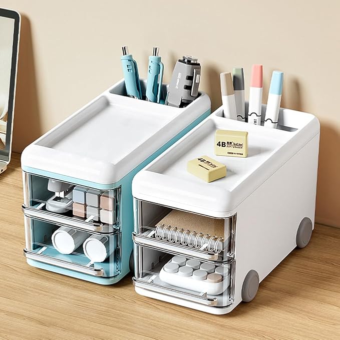 LETURE Cute Desk Organizer with drawers, Plastic Desktop Storage for Business Card/Pen/Pencil/Mobile Phone/Stationery Holder Box, Desktop Organizer for Office School Home (White)