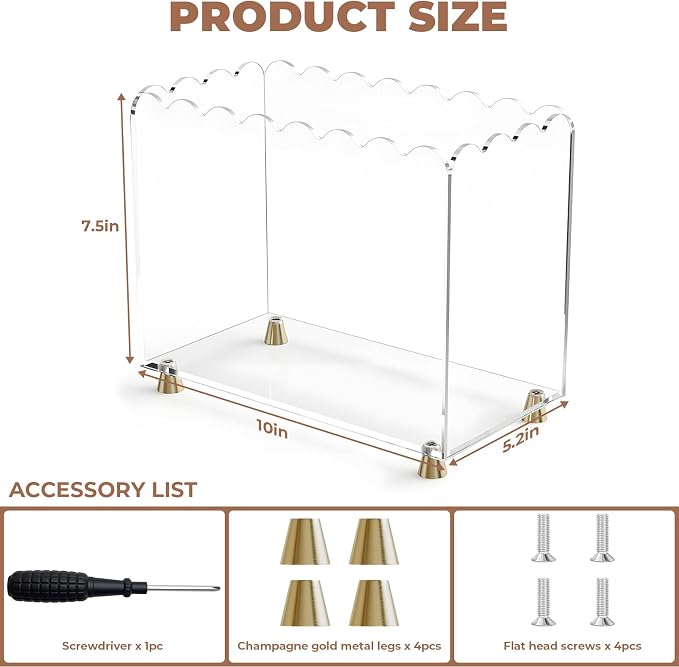Acrylic Magazine Holder for Desk, Floor Magazine Display Rack Scalloped Clear Acrylic Decorative Organizer Box for Book Storage, Newspaper File Stand with 4 Brass Feets for Office Use